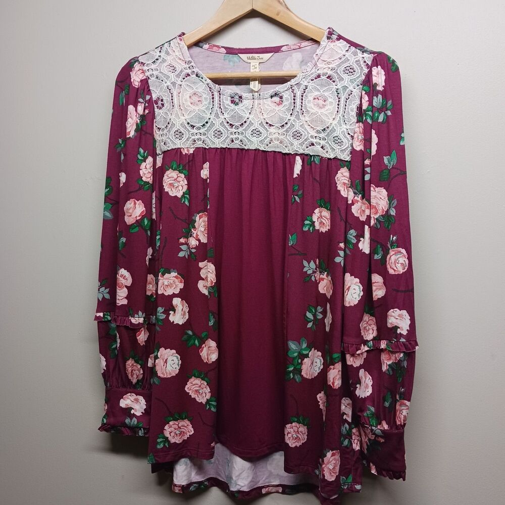 New Matilda Jane Top Women Size S Maroon Floral Long Sleeve Jersey Feminine